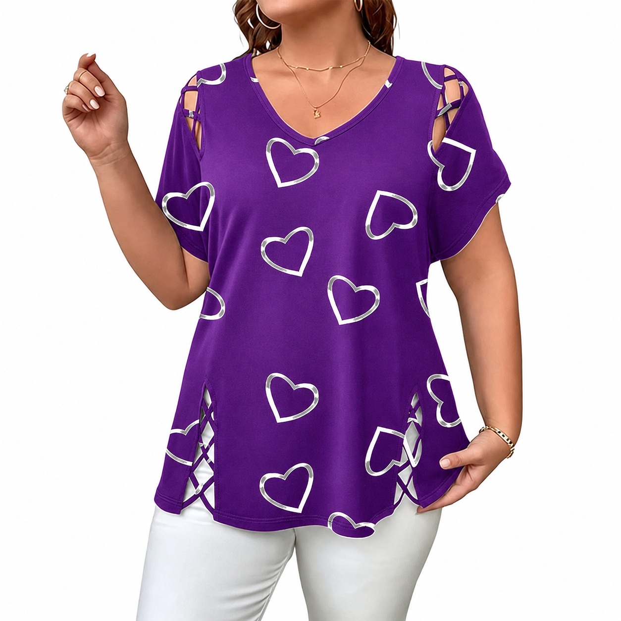 Women's Loose-Fit T-Shirt with Heart Print and Lace-Up Detail