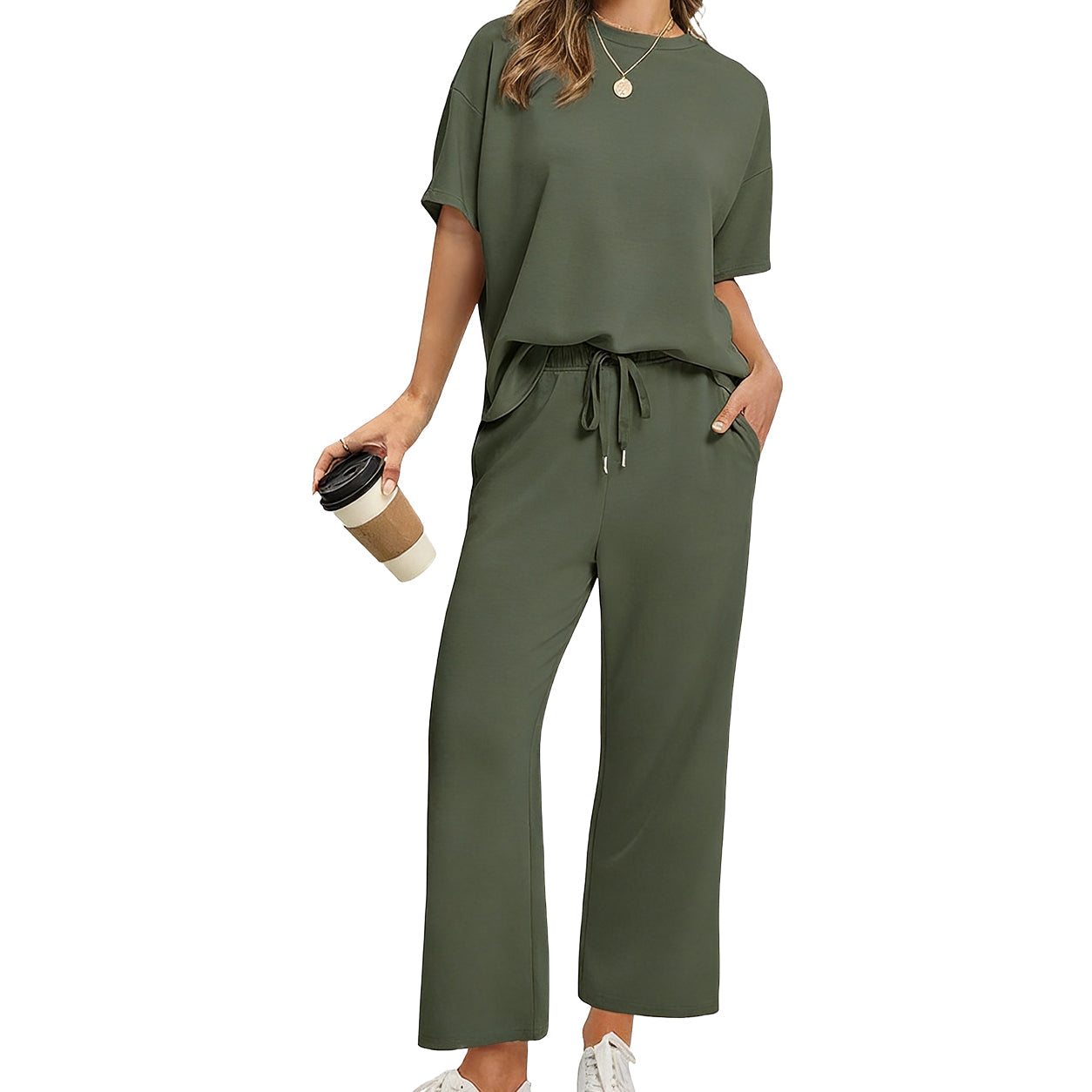 Women's Summer 2-Piece Lounge Set ✨ Soft Lightweight Breathable Outfit with Wide-Leg Crop Pants