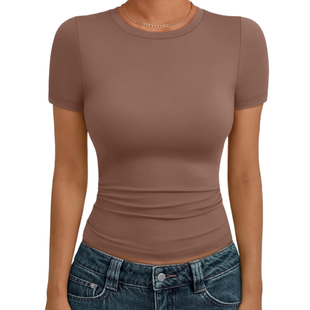 š„Last day promotionš„AUTOMET Women's Crew Neck Short Sleeve Basic Stretchy Tight Fitted T-Shirt 2026