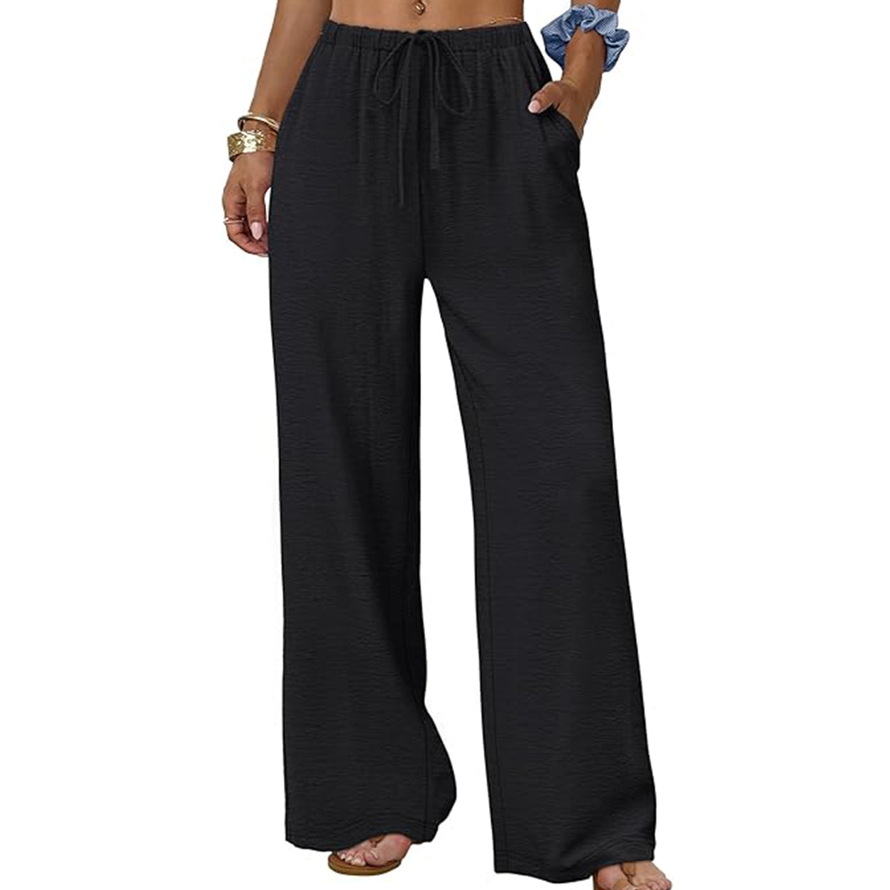 Sampeel Wide Leg Pants for Women Flowy Palazzo Drawstring Elastic Waist Trousers with Pockets