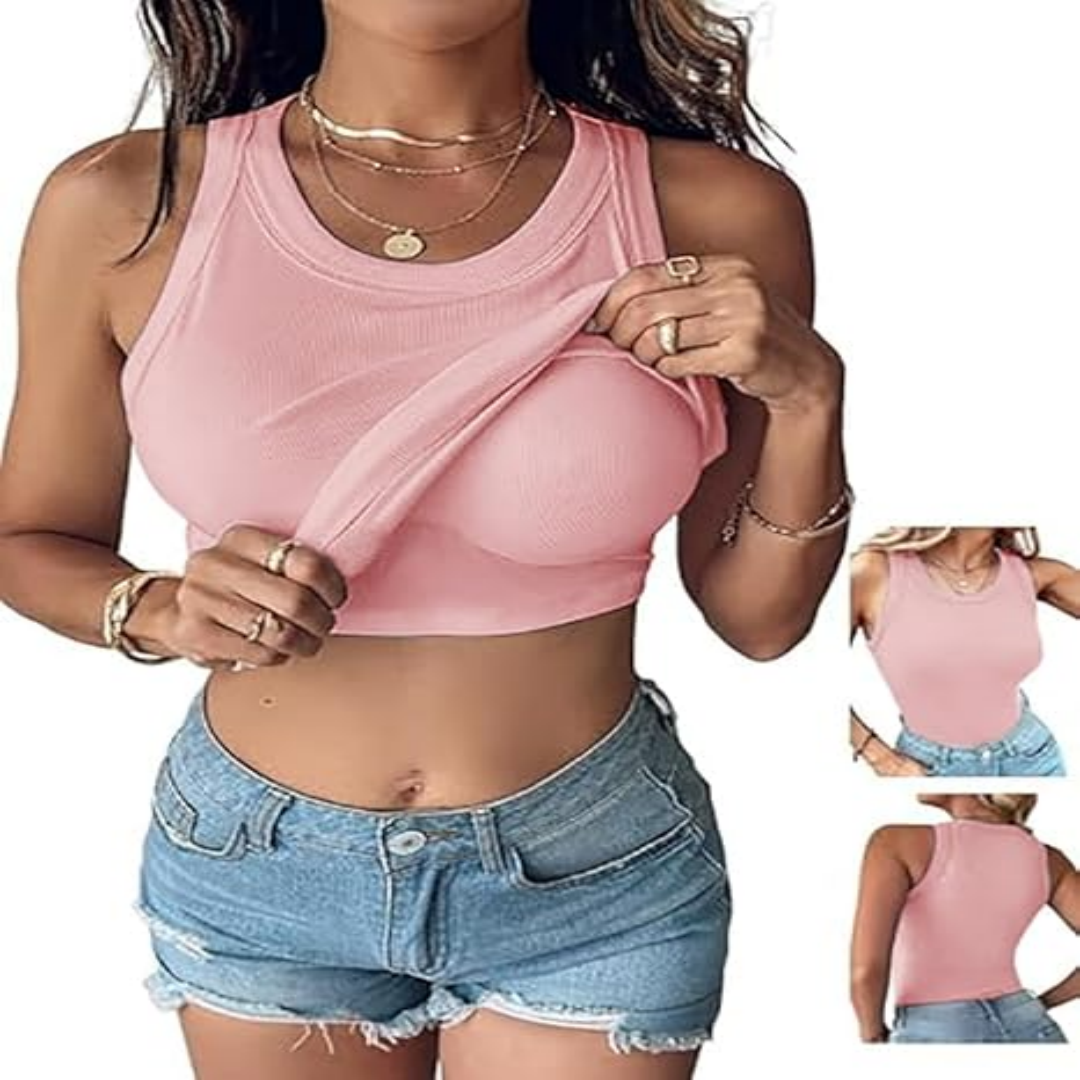 This Week's Special PricešRound Neck Built-in Bra Ribbed Tank Top Fit Casual Comfortableš„