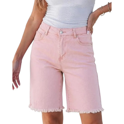 Jean Bermuda Shorts for Women Trendy Mid Rise Raw Hem Knee Length Stretchy Denim Long Shorts