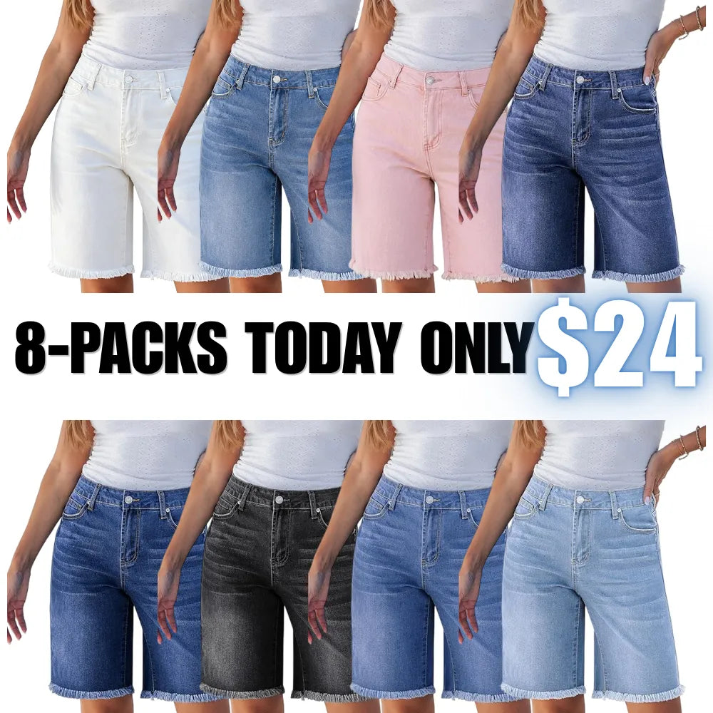 Jean Bermuda Shorts for Women Trendy Mid Rise Raw Hem Knee Length Stretchy Denim Long Shorts