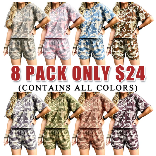 Loose-fitting T-shirt and camouflage print shorts set