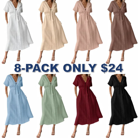Women's Summer Solid Color V-Neck Cotton Dress