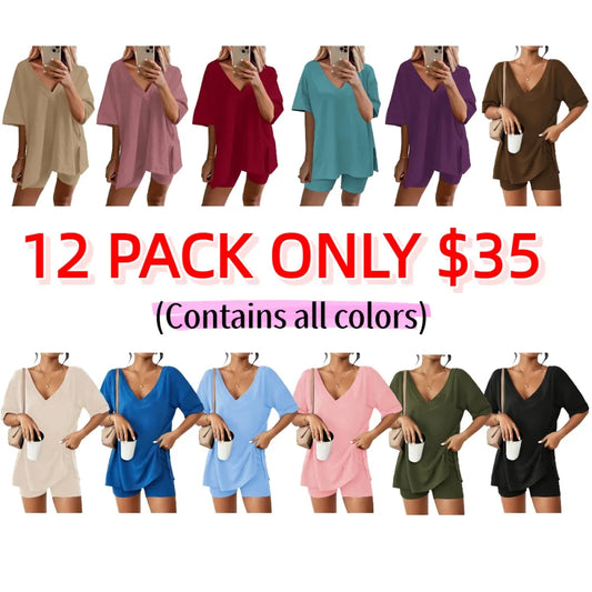 Women's Two-Piece Pajama Set Casual Oversized V Neck Split Hem Shirts
