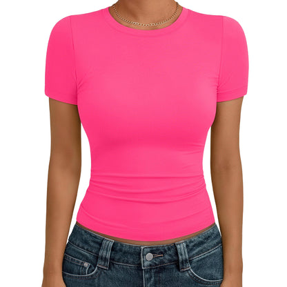 🔥Last day promotion🔥AUTOMET Women's Crew Neck Short Sleeve Basic Stretchy   Tight Fitted T-Shirt 2026