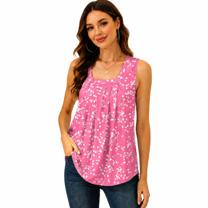 Special Sale🩷Summer Tank Tops for Women Loose Fit Pleated Square Neck Sleeveless Tops Curved Hem Flowy