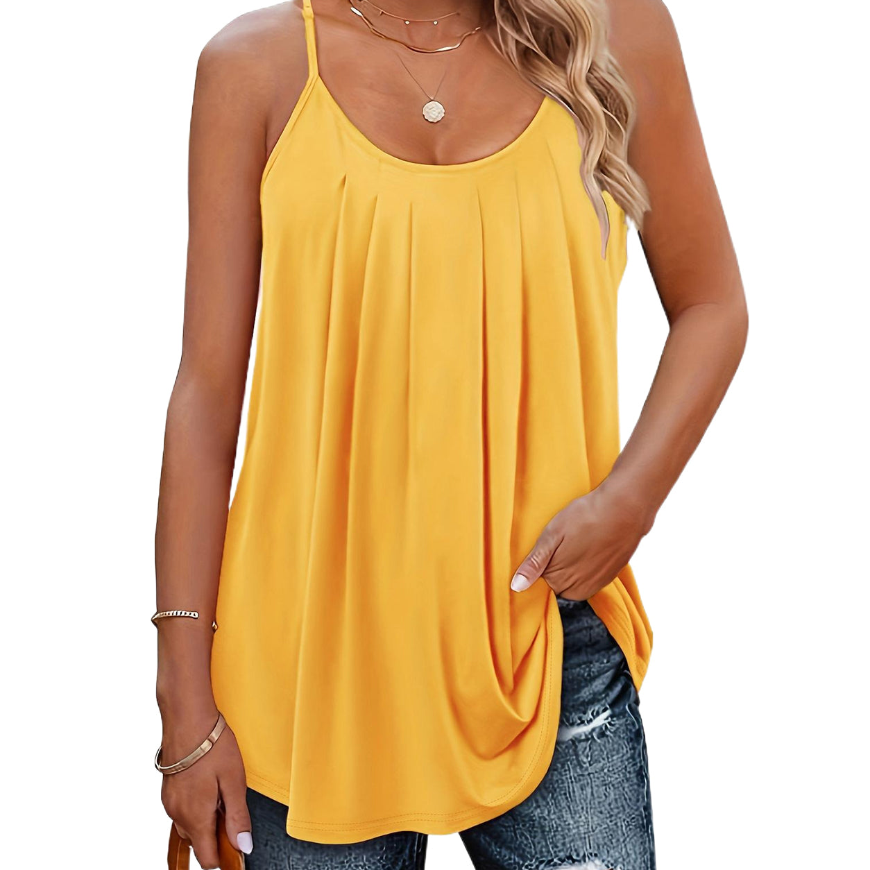 Plain Plicated Scoop Neck Cami Top, Casual Adjustable Spaghetti Strap Top for Summer