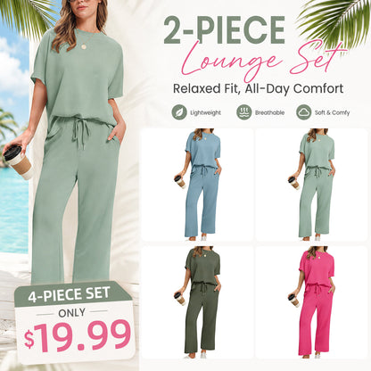 Women's Summer 2-Piece Lounge Set ✨ Soft Lightweight Breathable Outfit with Wide-Leg Crop Pants