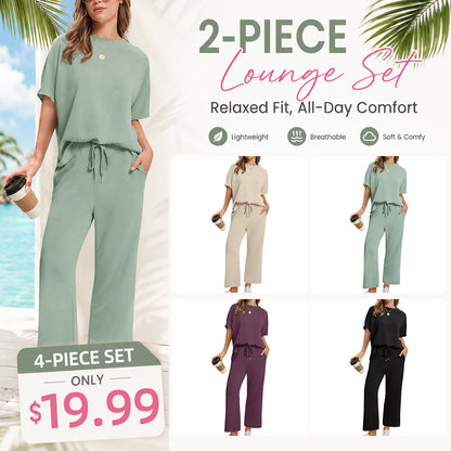 Women's Summer 2-Piece Lounge Set ✨ Soft Lightweight Breathable Outfit with Wide-Leg Crop Pants