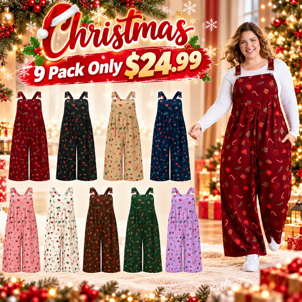 LAST DAY SALE🎄Holiday Candy Stretchy Overall Jumpsuit