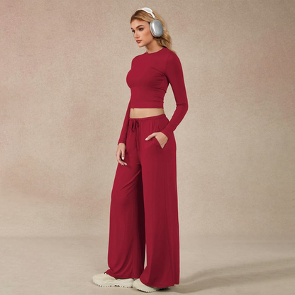 🔥Last day promotion🔥Women's 2-Piece Activewear Set Long-Sleeve Crop Top & Wide-Leg Pants