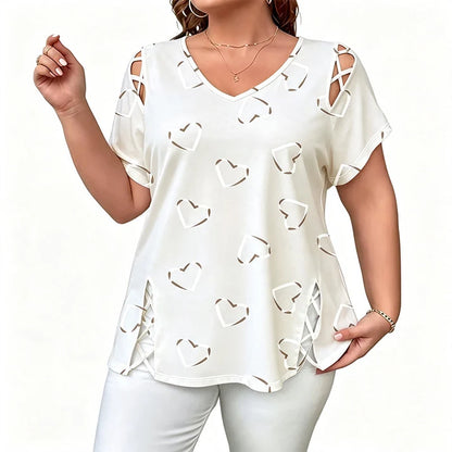 Women's Loose-Fit T-Shirt with Heart Print and Lace-Up Detail
