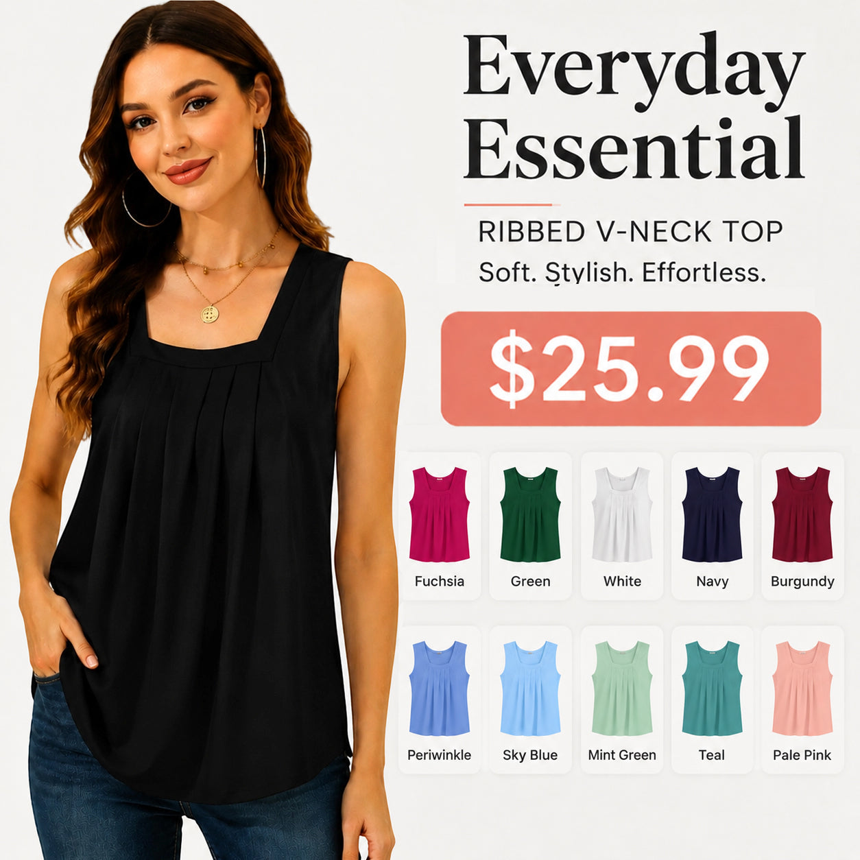 Special Sale🩷Summer Tank Tops for Women Loose Fit Pleated Square Neck Sleeveless Tops Curved Hem Flowy