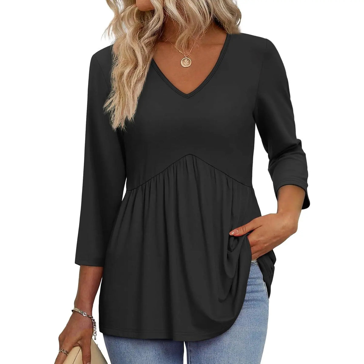 Women's V-Neck 3/4 Sleeve Tunic Top – Flowy Dressy Casual Blouse