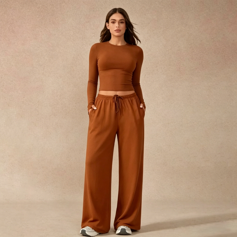 🔥Last day promotion🔥Women's 2-Piece Activewear Set Long-Sleeve Crop Top & Wide-Leg Pants