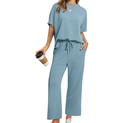 Women's Summer 2-Piece Lounge Set ✨ Soft Lightweight Breathable Outfit with Wide-Leg Crop Pants