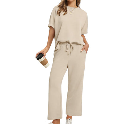 Women's Summer 2-Piece Lounge Set ✨ Soft Lightweight Breathable Outfit with Wide-Leg Crop Pants