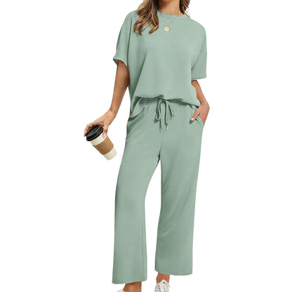 Women's Summer 2-Piece Lounge Set ✨ Soft Lightweight Breathable Outfit with Wide-Leg Crop Pants
