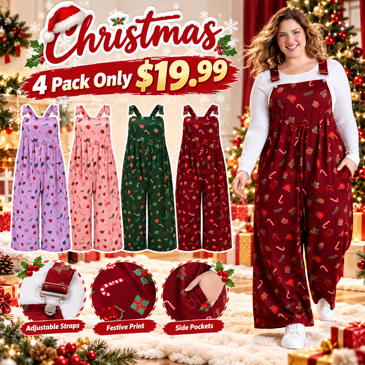 LAST DAY SALE🎄Holiday Candy Stretchy Overall Jumpsuit