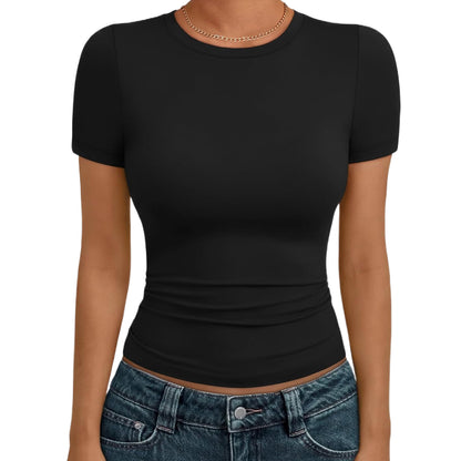 🔥Last day promotion🔥AUTOMET Women's Crew Neck Short Sleeve Basic Stretchy   Tight Fitted T-Shirt 2026