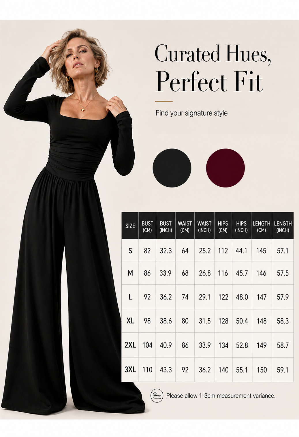 Women's Square Neck Long Sleeve Jumpsuit - Womenswear Overalls with Ruched Waist, Wide Leg Pants