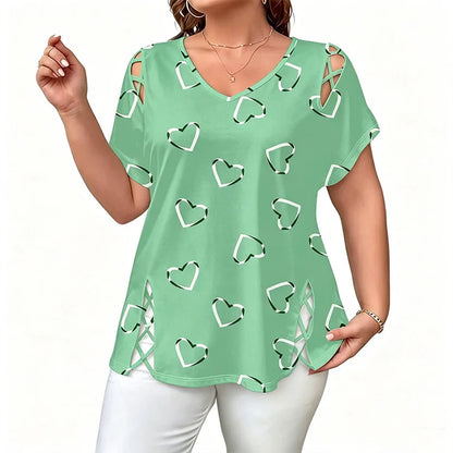 Women's Loose-Fit T-Shirt with Heart Print and Lace-Up Detail