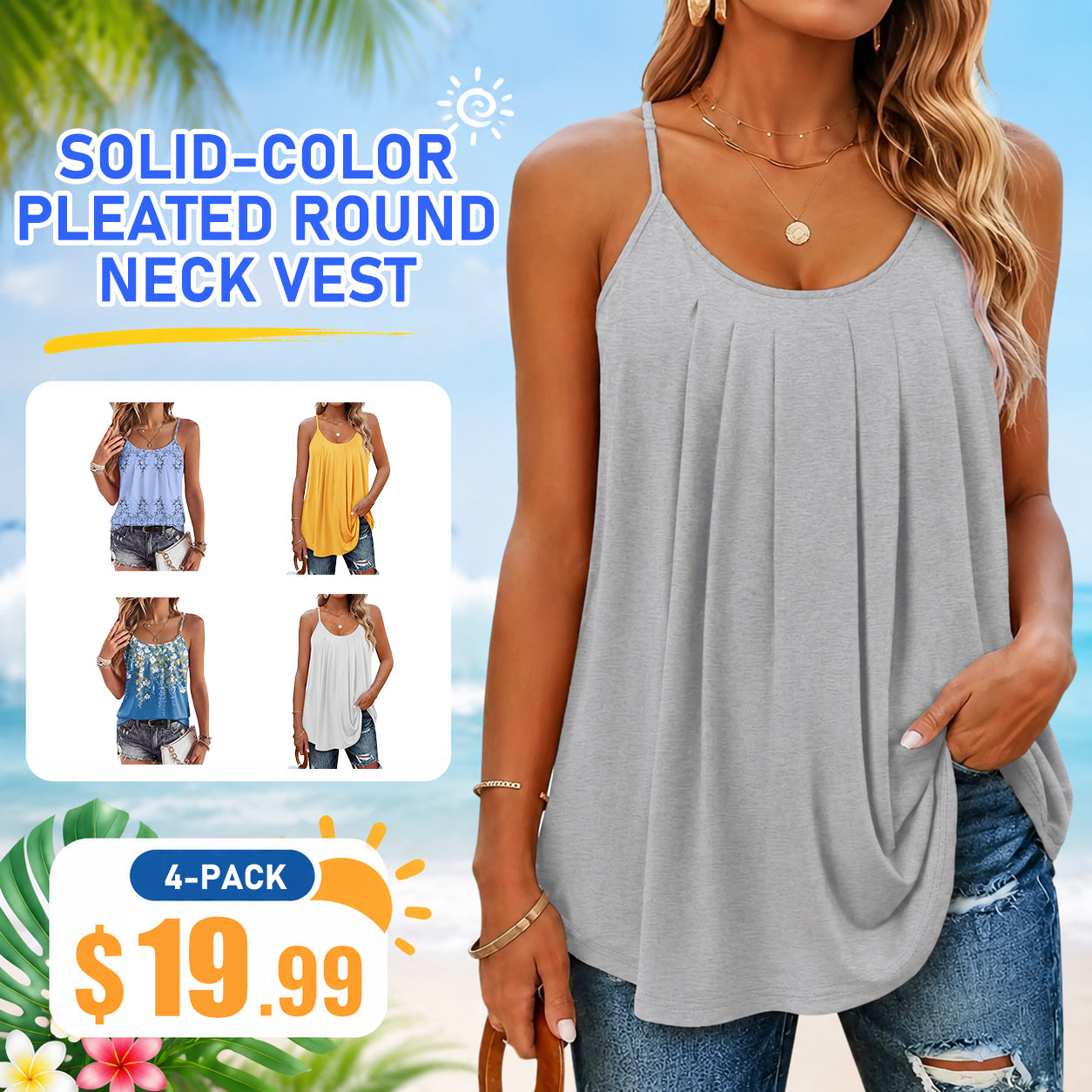 Plain Plicated Scoop Neck Cami Top, Casual Adjustable Spaghetti Strap Top for Summer