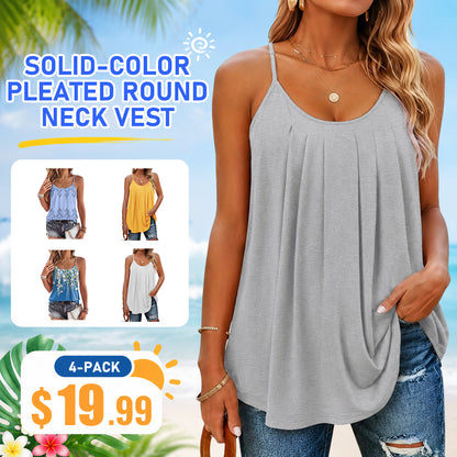 Plain Plicated Scoop Neck Cami Top, Casual Adjustable Spaghetti Strap Top for Summer