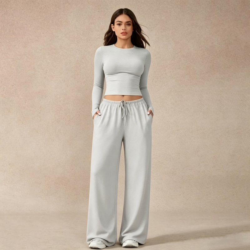 🔥Last day promotion🔥Women's 2-Piece Activewear Set Long-Sleeve Crop Top & Wide-Leg Pants