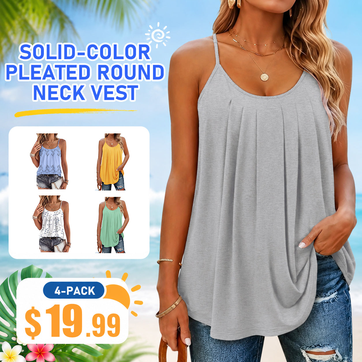 Plain Plicated Scoop Neck Cami Top, Casual Adjustable Spaghetti Strap Top for Summer