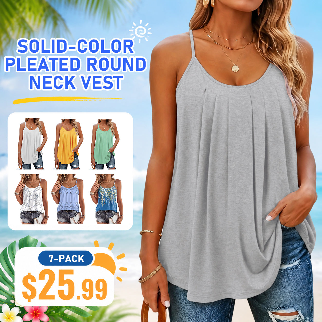Plain Plicated Scoop Neck Cami Top, Casual Adjustable Spaghetti Strap Top for Summer