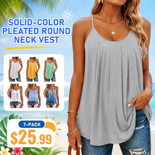 Plain Plicated Scoop Neck Cami Top, Casual Adjustable Spaghetti Strap Top for Summer