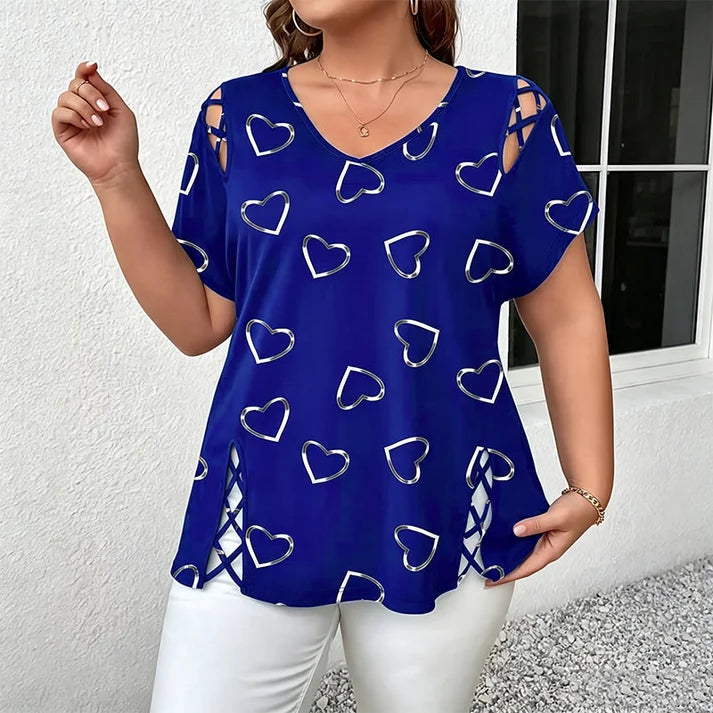 Women's Loose-Fit T-Shirt with Heart Print and Lace-Up Detail