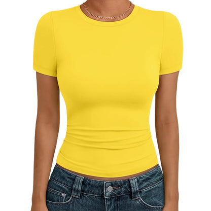🔥Last day promotion🔥AUTOMET Women's Crew Neck Short Sleeve Basic Stretchy   Tight Fitted T-Shirt 2026