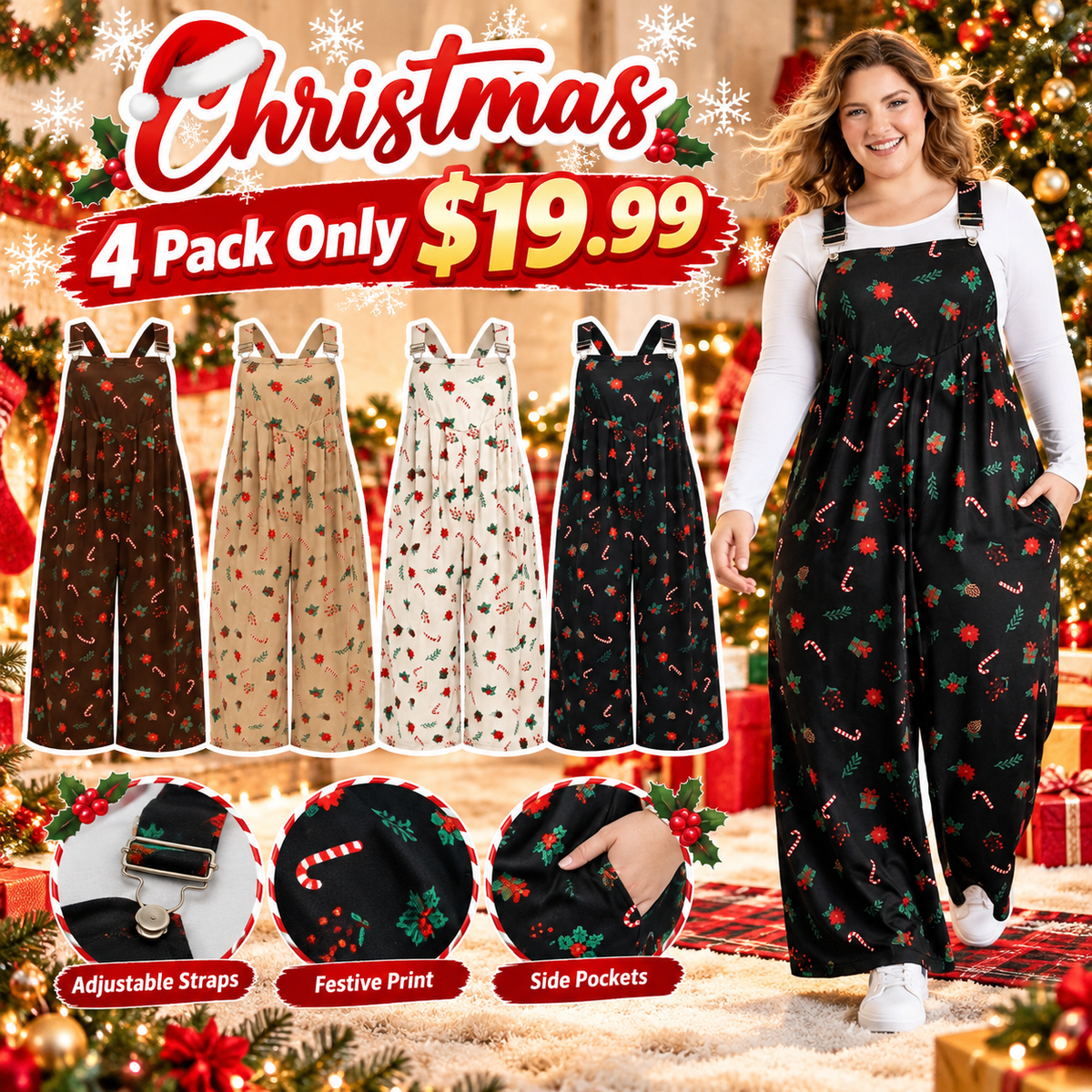 LAST DAY SALE🎄Holiday Candy Stretchy Overall Jumpsuit