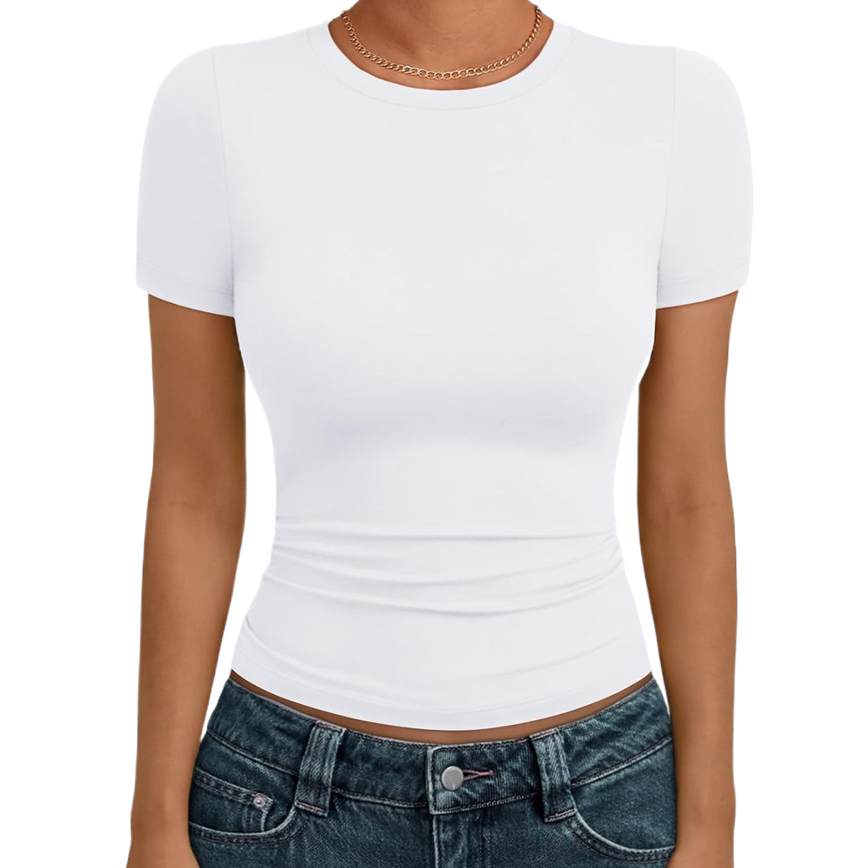 🔥Last day promotion🔥AUTOMET Women's Crew Neck Short Sleeve Basic Stretchy   Tight Fitted T-Shirt 2026