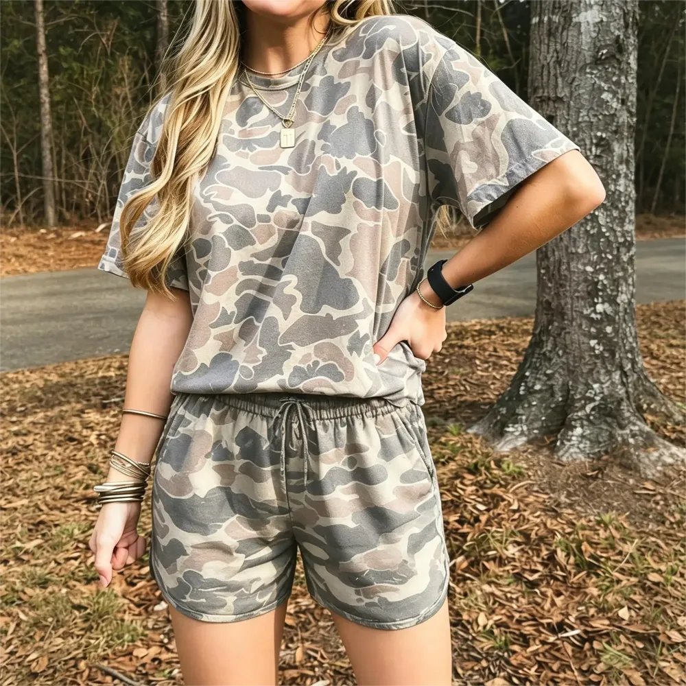 Loose-fitting T-shirt and camouflage print shorts set