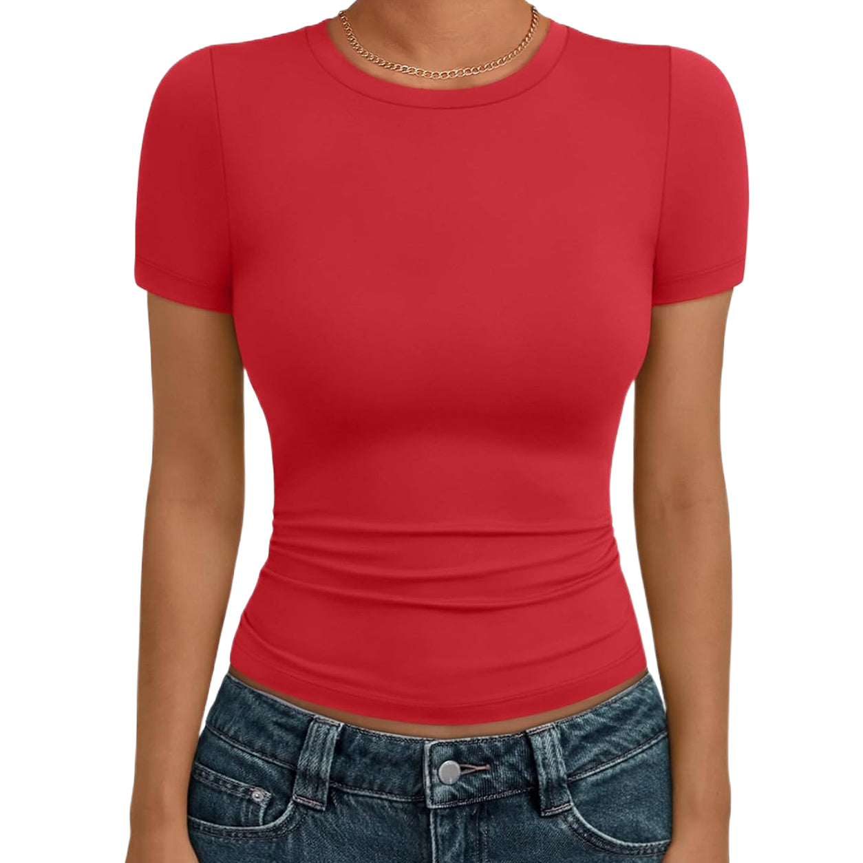 🔥Last day promotion🔥AUTOMET Women's Crew Neck Short Sleeve Basic Stretchy   Tight Fitted T-Shirt 2026