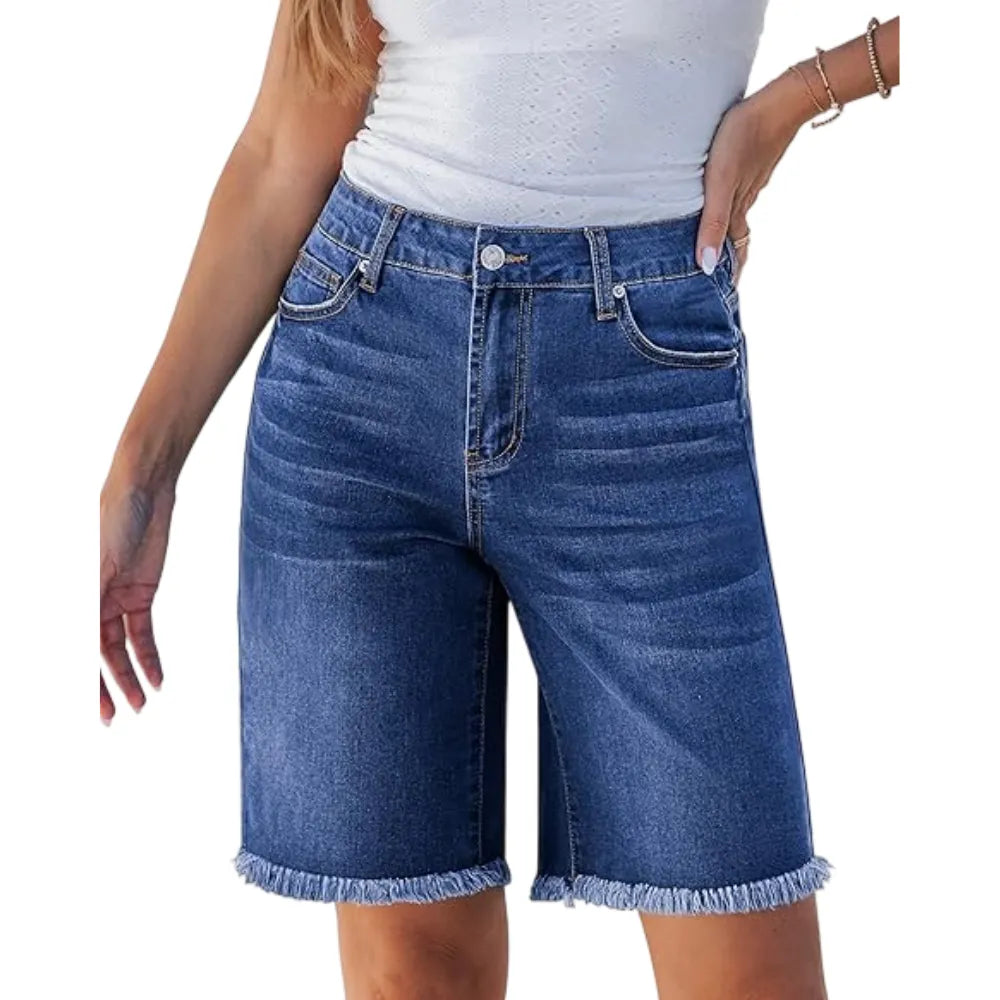 Jean Bermuda Shorts for Women Trendy Mid Rise Raw Hem Knee Length Stretchy Denim Long Shorts