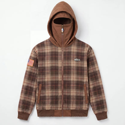 Men's Vintage Plaid Full-Zip Hooded Jacket – High Neck Outdoor Casual Coat