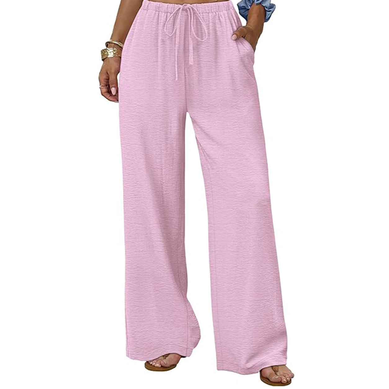 Sampeel Wide Leg Pants for Women Flowy Palazzo Drawstring Elastic Waist Trousers with Pockets