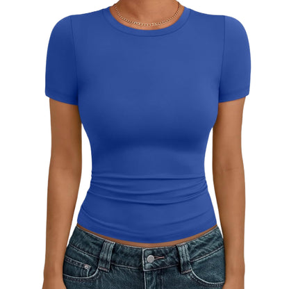 🔥Last day promotion🔥AUTOMET Women's Crew Neck Short Sleeve Basic Stretchy   Tight Fitted T-Shirt 2026
