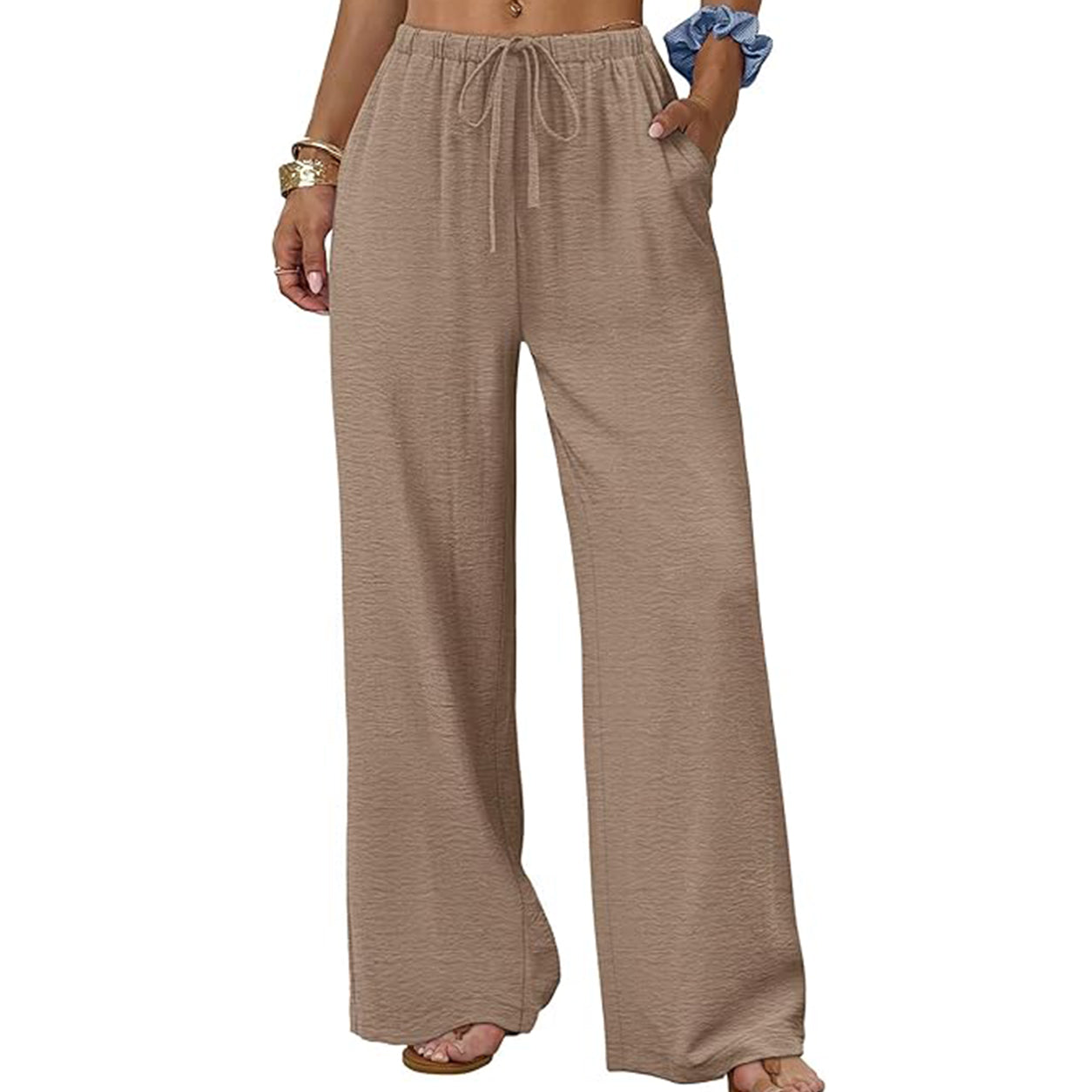Sampeel Wide Leg Pants for Women Flowy Palazzo Drawstring Elastic Waist Trousers with Pockets