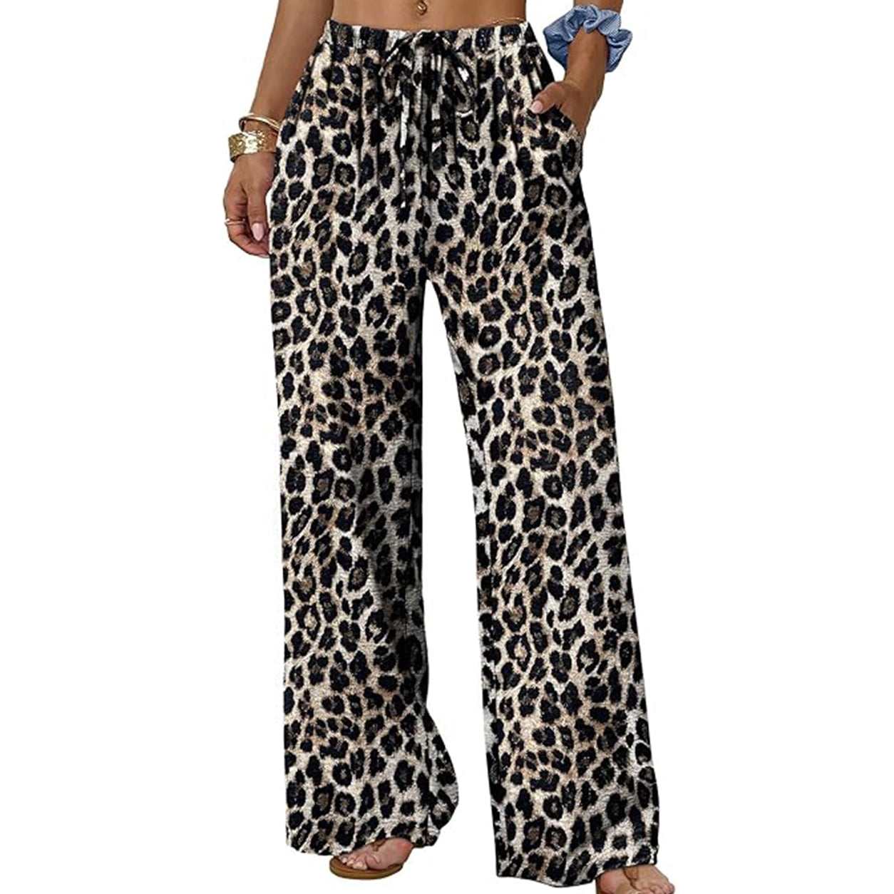 Sampeel Wide Leg Pants for Women Flowy Palazzo Drawstring Elastic Waist Trousers with Pockets