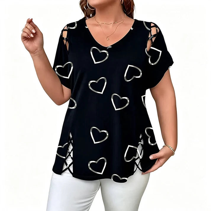Women's Loose-Fit T-Shirt with Heart Print and Lace-Up Detail
