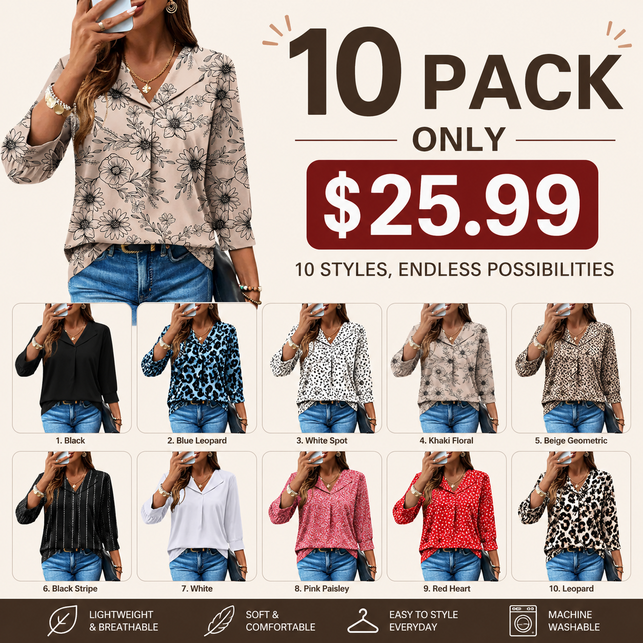 3/4 Length Sleeve Womens Tops Dressy Casual Blouses Summer Spring Trendy Business Outfits Fashion Clothing