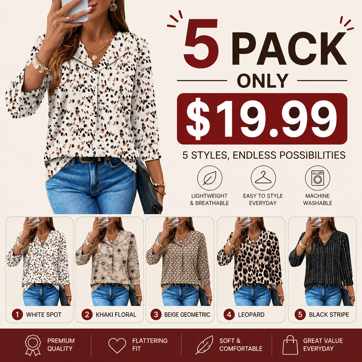 3/4 Length Sleeve Womens Tops Dressy Casual Blouses Summer Spring Trendy Business Outfits Fashion Clothing