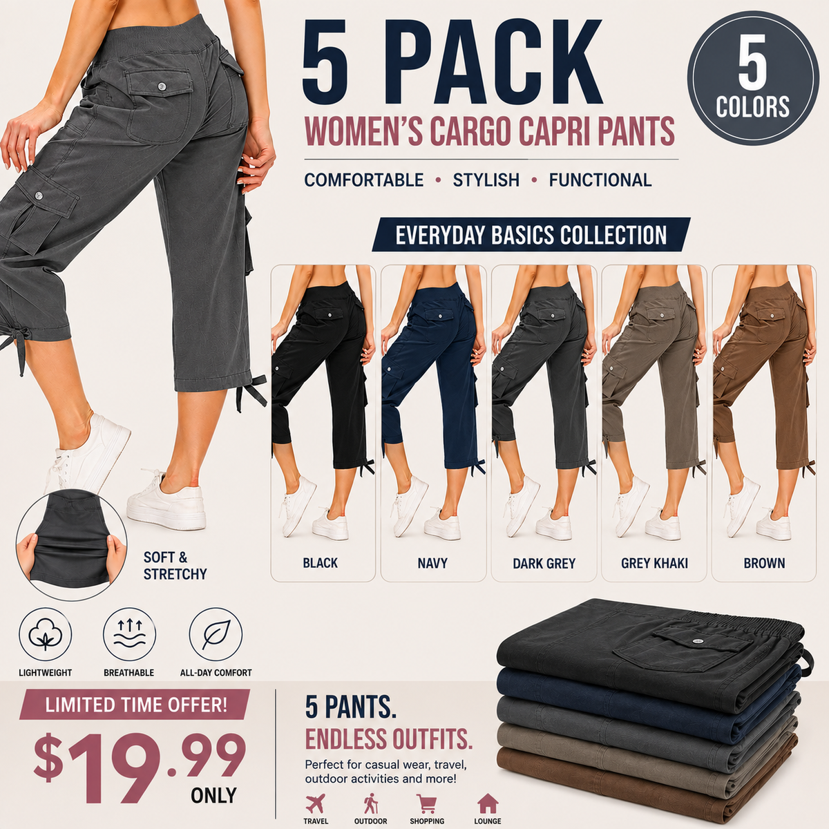 Women's Lightweight Cargo Capri Pants with Pockets – Comfy Casual & Outdoor Pants